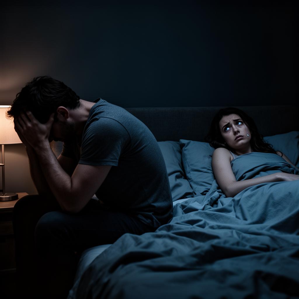 Pareja en la cama: él derrotado, ella decepcionada en silencio